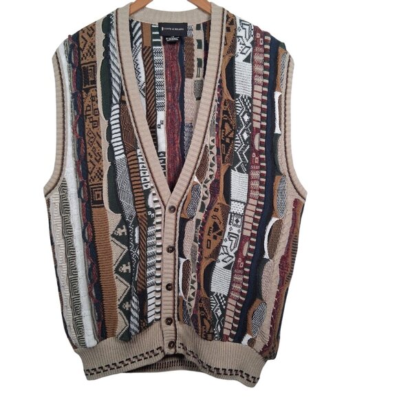 Vintage 1990s Conte di Milano Cardigan Sweater Vest Men Large 3D Knit Button Up